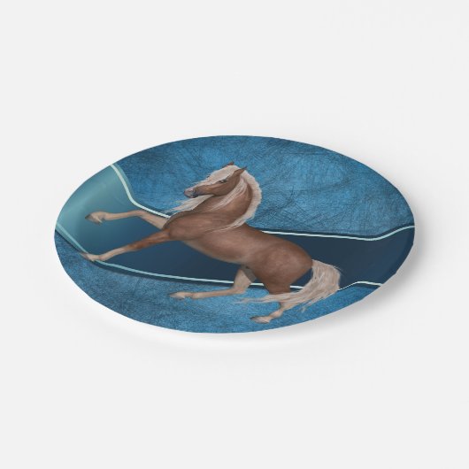 Western Party Pferd auf blauem Hintergrund Pappteller (Schrägansicht)