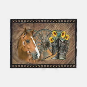 Western-Pferd-Cowboy-Stiefel-Cowboyhut-Wagenrad Fleecedecke