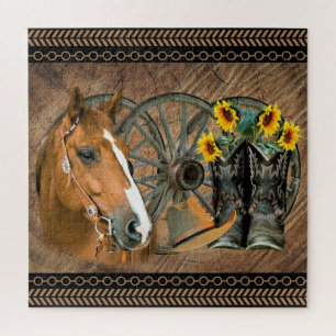 Western-Pferd-Cowboy-Stiefel Cowboyhut Wagenrad Puzzle