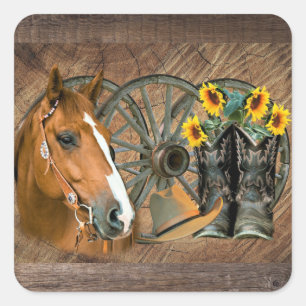 Western-Pferd-Cowboy-Stiefel-Sonnenblumen-Wagenrad Quadratischer Aufkleber
