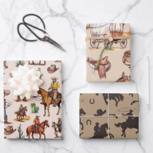 Western Pferde Wrapping Paper Flat Sheet Set 3 Geschenkpapier Set
