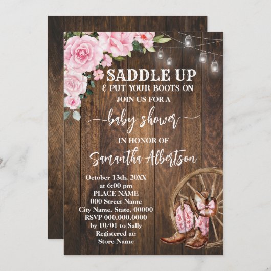 Western Pink Baby Dusche Country Boots Einladung (Vorne/Hinten)