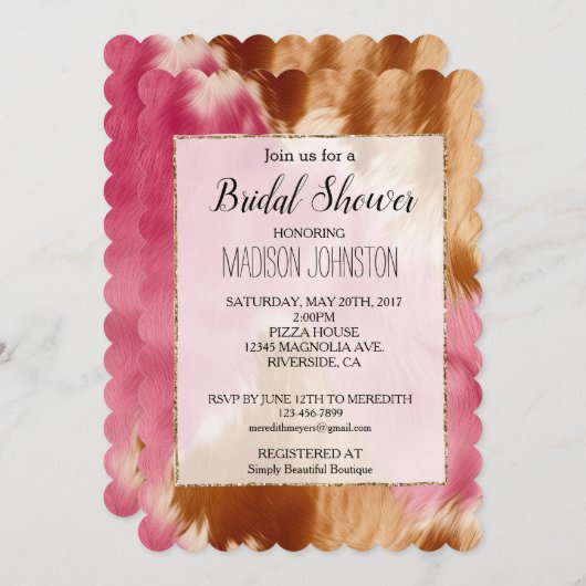 Western Pink Brown Gold Cowgirl Cowhide Einladung (Vorne/Hinten)