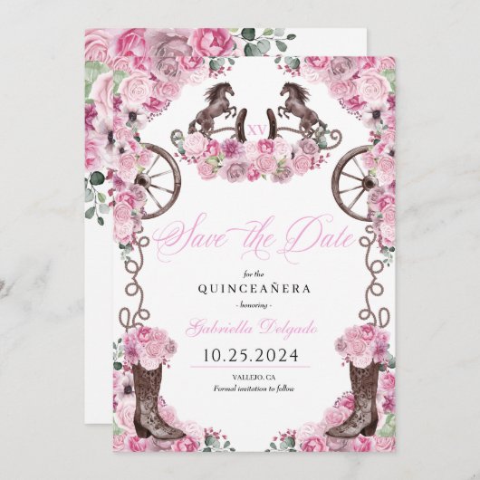 Western Pink Charro Save the Date Quinceañera Einladung (Vorne/Hinten)