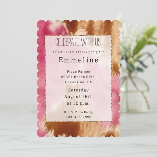 Western Pink Creme Brown Gold Cowgirl Cowhide Einladung (Stehend Vorderseite)