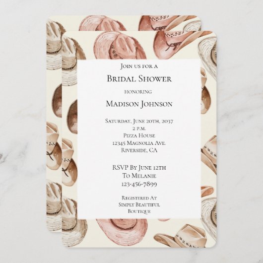 Western Pink Creme Cowgirl Hats Brautparty Einladung (Vorne/Hinten)