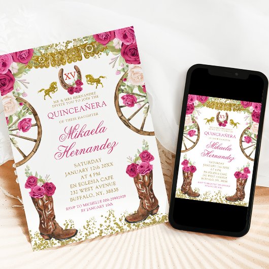 Western Pink Fuchsia Floral Boots Quinceañera Einladung