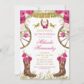 Western Pink Fuchsia Floral Boots Quinceañera Einladung (Vorderseite)