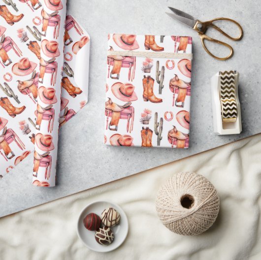 Western Pink Orange Cowgirl Wrapping Paper Geschenkpapier (Kunsthandwerk)