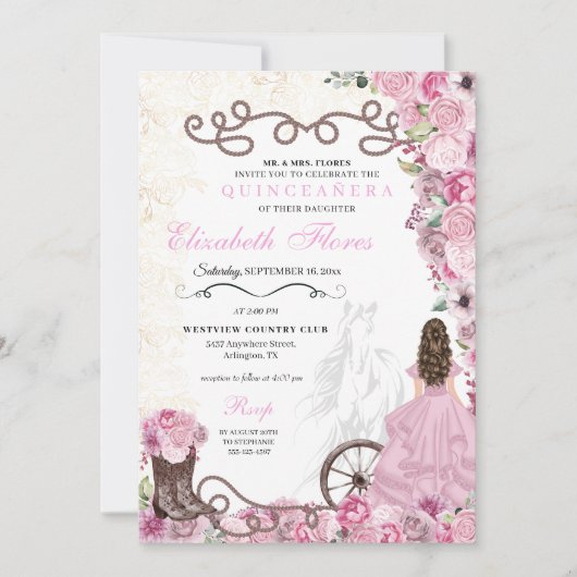Western Pink Princess Floral Charra Quinceañera Einladung (Vorderseite)