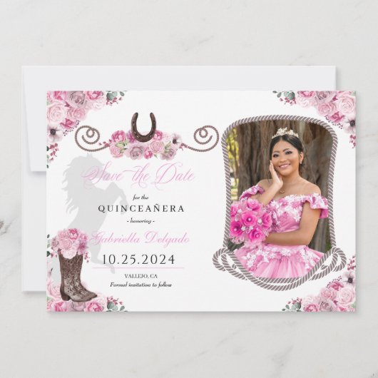Western Pink Quinceañera Save the Date Foto Einladung (Vorderseite)