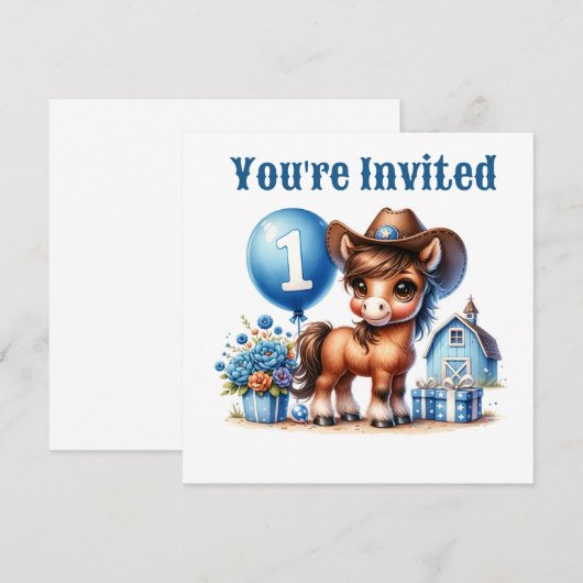 Western Pony First Geburtstag Einladung (Vorne/Hinten)
