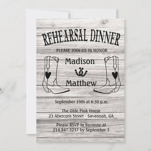 Western Probe Dinner Cowboy Boots Hochzeit Einladung (Vorderseite)