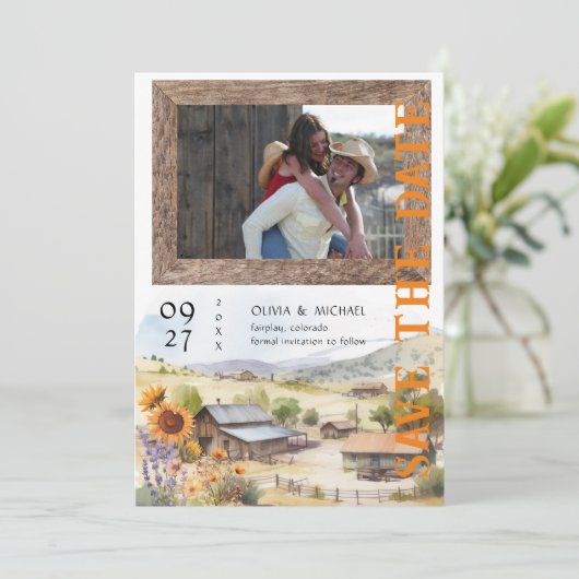 Western Ranch Hochzeit speichern Datum (Stehend Vorderseite)