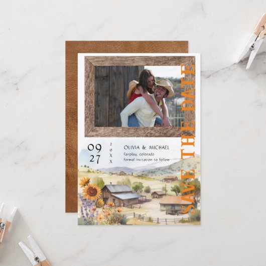 Western Ranch Hochzeit speichern Datum (Vorderseite/Rückseite Beispiel)