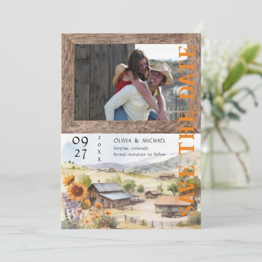 Western Ranch Wedding Foto Save the Date (Stehend Vorderseite)