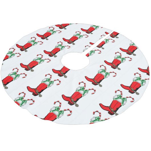 Western Red Cowboy Stiefel und Candy Canes Polyester Weihnachtsbaumdecke (Schrägansicht)