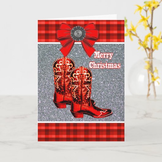 Western Red Cowboy Stiefel und Karierter Urlaub Karte (Gelbe Blume)