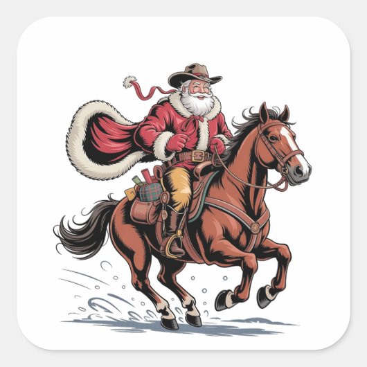 Western Riding Rodeo Horse Cowboy Santa Christmas Quadratischer Aufkleber (Vorderseite)