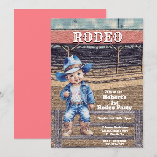 Western Rodeo Cowboy 1. Geburtstag Einladung (Vorne/Hinten)
