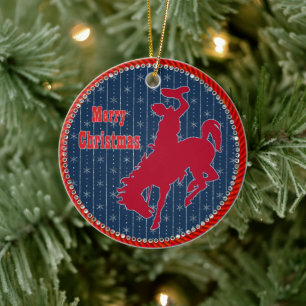 Western Rodeo Cowboy Bronco Reiten Weihnachten Keramik Ornament