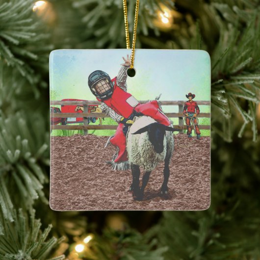 Western Rodeo Cowboy Cowgirl Mutton Busting Keramikornament (Baum)