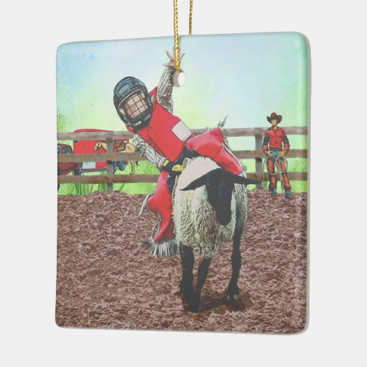 Western Rodeo Cowboy Cowgirl Mutton Busting Keramikornament (Links)