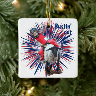 Western Rodeo Cowboy Cowgirl Mutton Busting Keramikornament