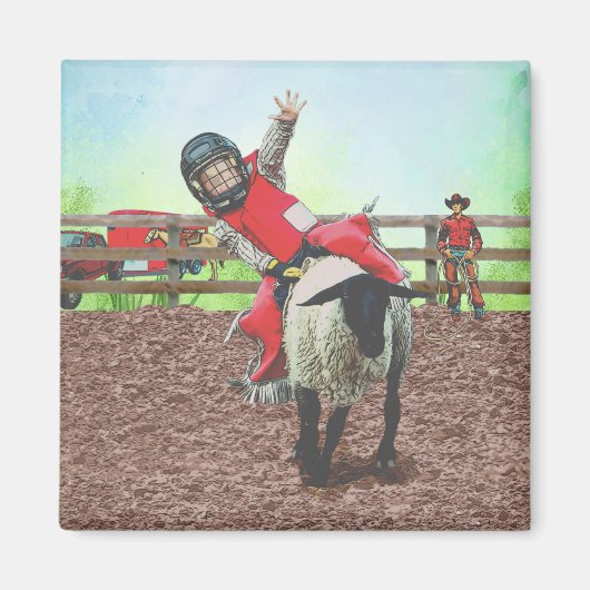 Western Rodeo Cowboy Cowgirl Mutton Busting Magnet (Vorne)