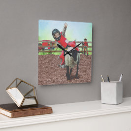 Western Rodeo Cowboy Cowgirl Mutton Busting Quadratische Wanduhr