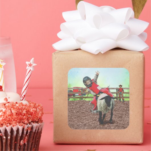 Western Rodeo Cowboy Cowgirl Mutton Busting Quadratischer Aufkleber (Party)