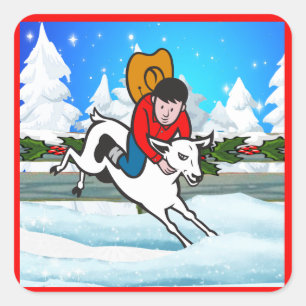 Western Rodeo Cowboy Kid Mutton Buster Snow Scene Quadratischer Aufkleber