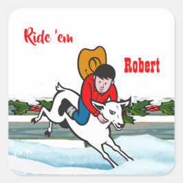 Western Rodeo Cowboy Kid Mutton Buster Weihnachten Quadratischer Aufkleber