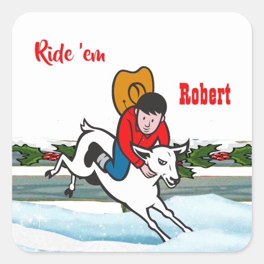 Western Rodeo Cowboy Kid Mutton Buster Weihnachten Quadratischer Aufkleber (Vorderseite)