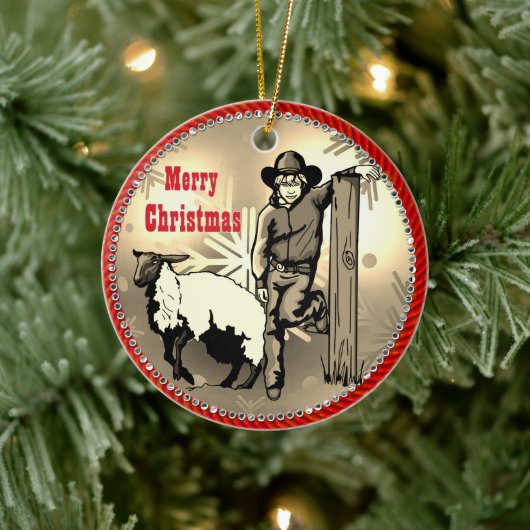 Western Rodeo Cowboy Mutton Buster Kid Keramik Ornament (Baum)