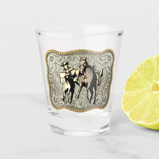 Western Rodeo Cowboy Steer Wrestlin Belt Buckle Schnapsglas (Vorderseite)