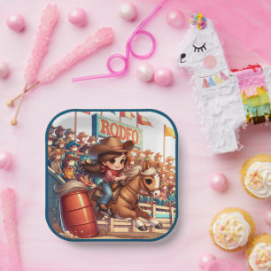 Western Rodeo Cowgirl Barrel Racing Pappteller