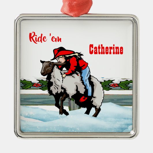 Western Rodeo Cowgirl Kid Mutton Buster Christmas Ornament Aus Metall (Vorne)