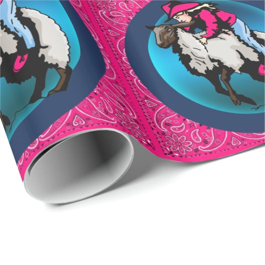 Western Rodeo Cowgirl on Sheep Mutton Bustin' Geschenkpapier (Rolleneckpunkt)