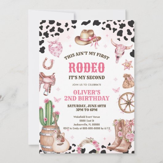Western Rodeo Cowgirl Second Rodeo 2nd Birthday Einladung (Vorderseite)