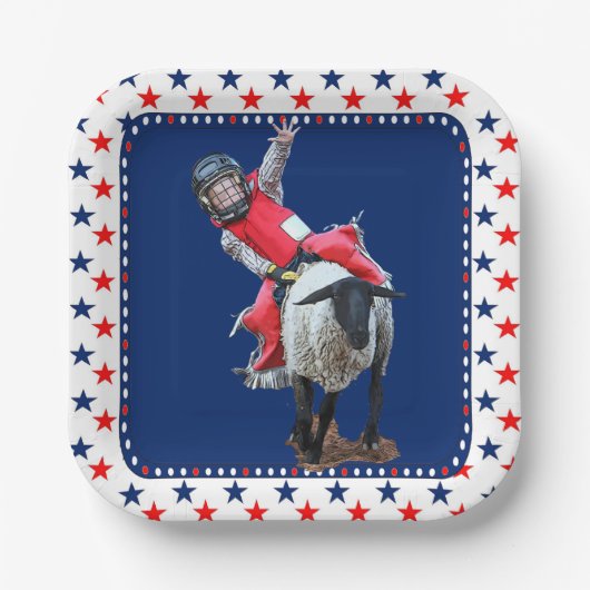 Western Rodeo Mutton Busting Cowboy Kid Square Sti Pappteller (Vorderseite)