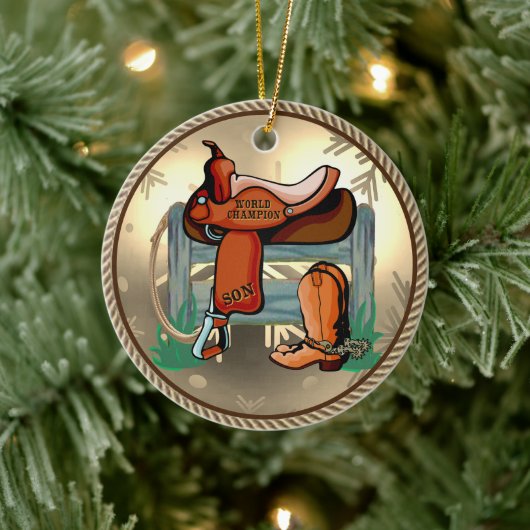 Western Rodeo Saddle Champion Son Keramik Ornament (Baum)