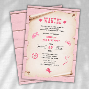 Western Rodeo Wanted Pink Mädchen Geburtstag Einladung