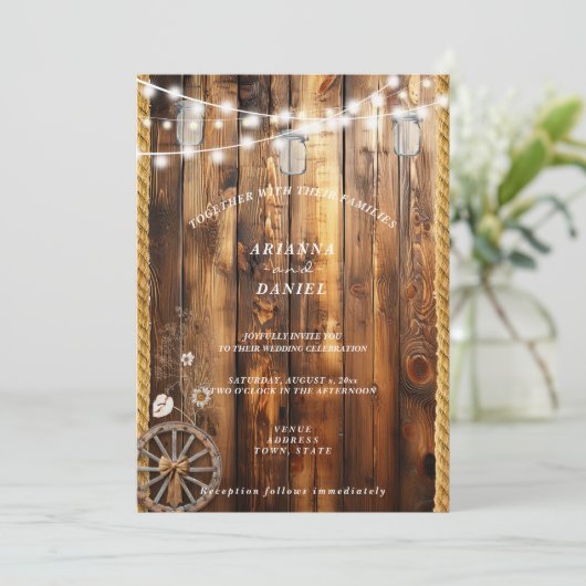 Western Rope Wagon Wheel Mason Jar String Lights Einladung (Stehend Vorderseite)