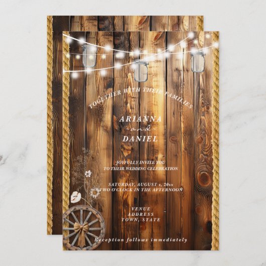 Western Rope Wagon Wheel Mason Jar String Lights Einladung (Vorne/Hinten)