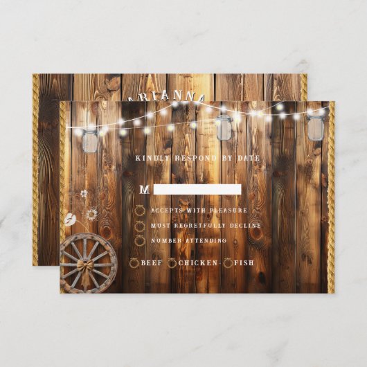 Western Rope Wagon Wheel Mason Jar String Lights RSVP Karte (Vorne/Hinten)