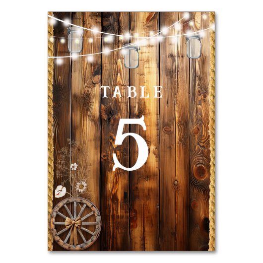 Western Rope Wagon Wheel Mason Jar String Lights Tischnummer (Vorderseite)