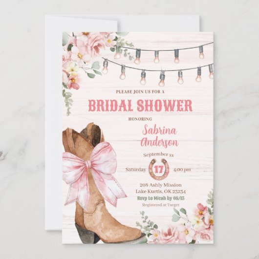 Western Rosa Stiefel und Bow Brautparty Einladung (Vorderseite)