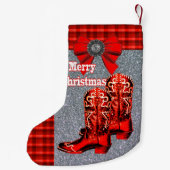 Western-rote Cowboystiefel mit kariertem Kleiner Weihnachtsstrumpf (Rückseite)