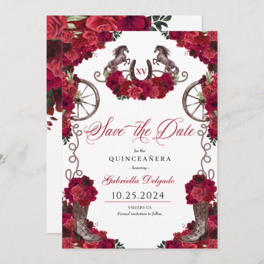 Western Rote Rosen Charro Save the Date Quinceañer Einladung (Vorne/Hinten)